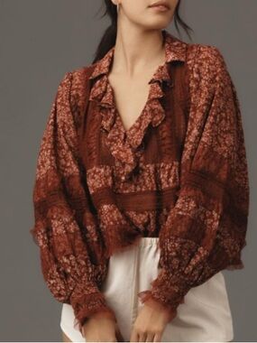 Anthropologie Burgundy Floral Ruffle Peasant Blouse